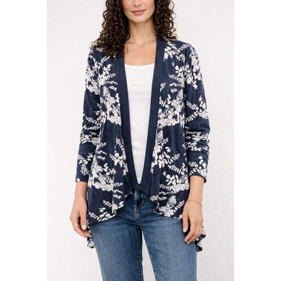 Belldini Sweaters - Belldini Womens XL Navy Blue White Floral Fern Open Front Cardigan Sweater